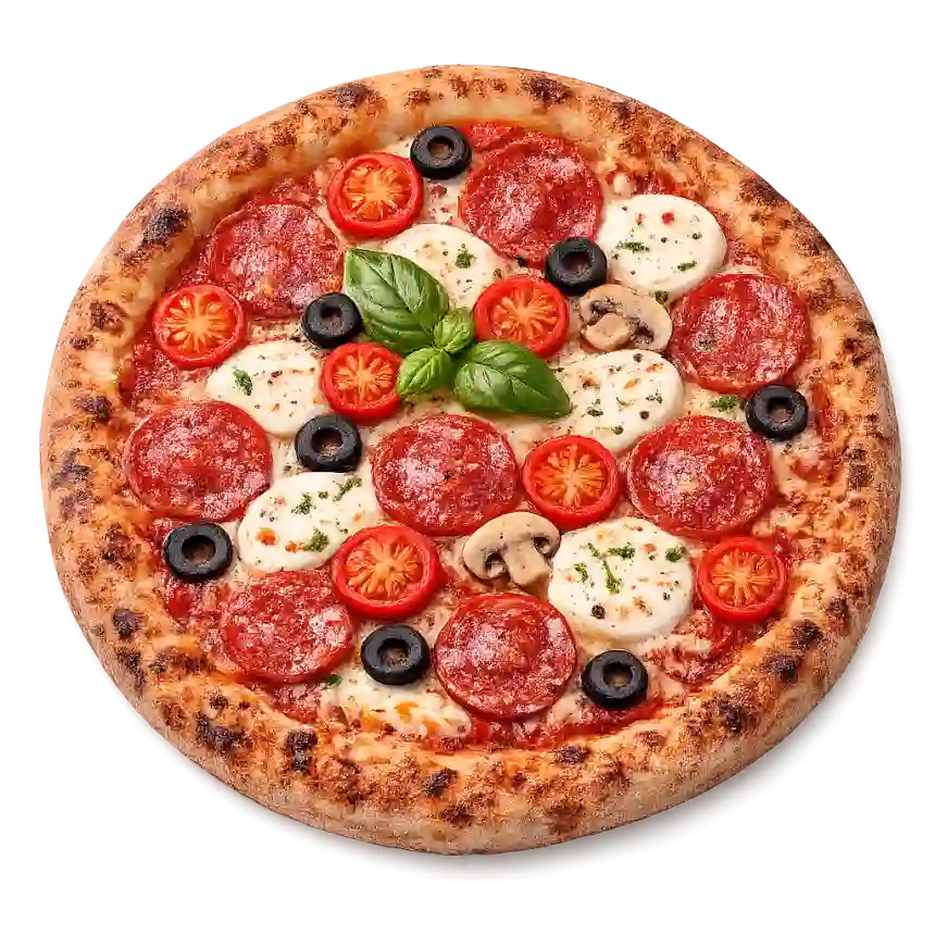 Queijo mussarela Camarão temperado, Cebola, Orégano.